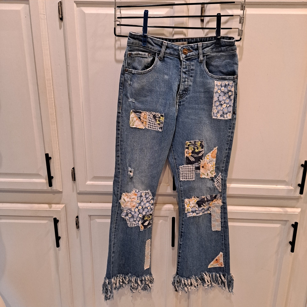 Warp + Weft Blue Patchwork Flare Jeans - image 1